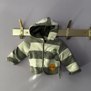 NWT Burt’s Bees Baby Reversible Grey Striped Hooded Jacket Size 0-3 Months